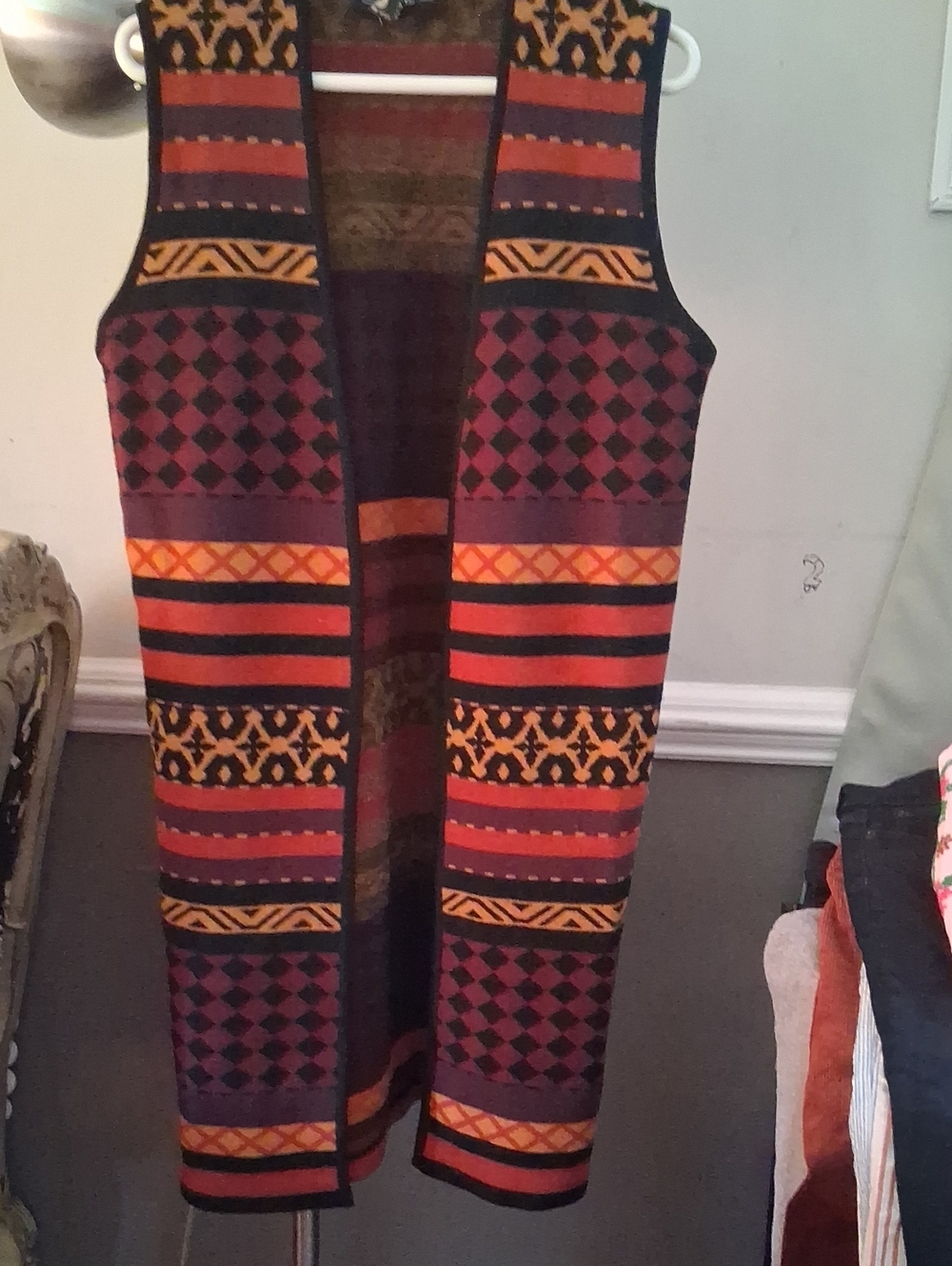 Andrea Jovine Burgundy and Orange Striped Geometric Long Vest
